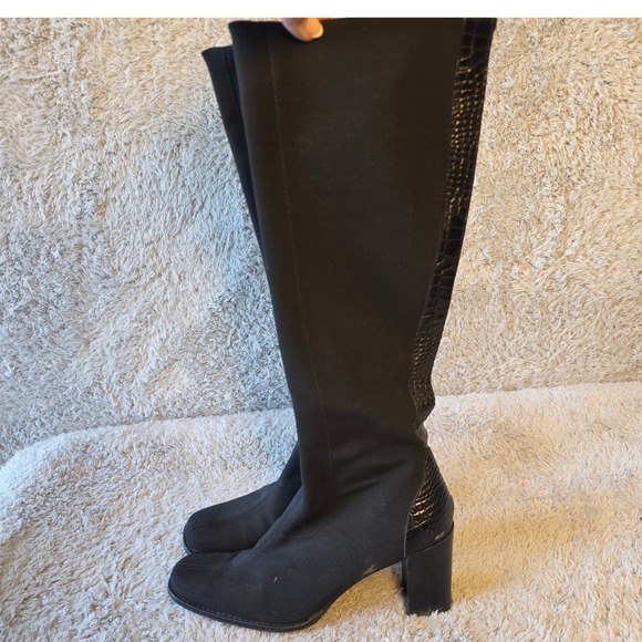VTG Donald Pliner Black Stretch Fabric Knee High Block Heel Boots Zip Croc 5.5 - Picture 1 of 9